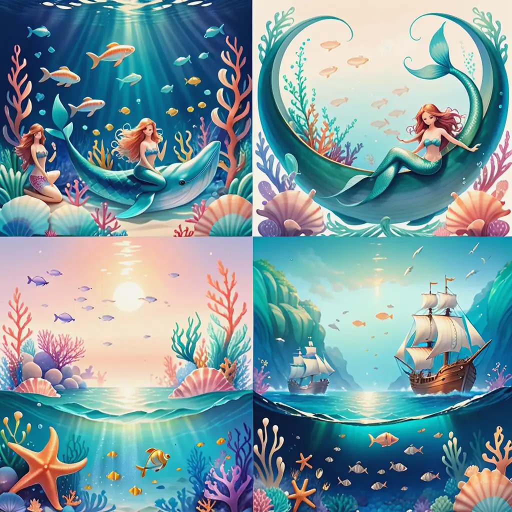 Oceanic illustration of the sea full of life, as gentle background papers with mermaids, ships and anchors with soft faded complimentary colours, joyous good feeling, 