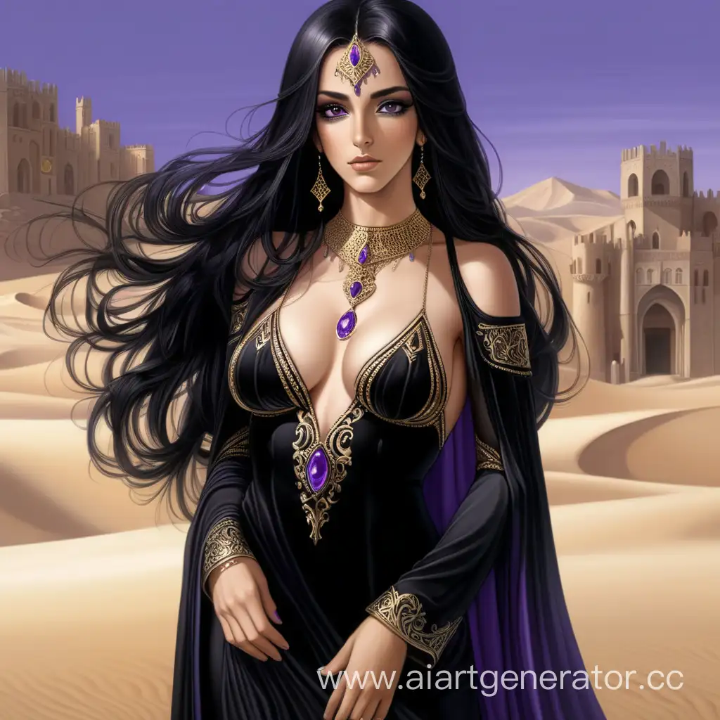 Sensual-Persian-Princess-in-Transparent-Black-Dress-Amidst-Medieval-Desert
