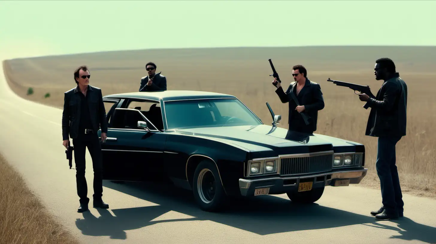 Three Men with Gun Stand by Black Car on Country Road Quentin Tarantino Style Scene