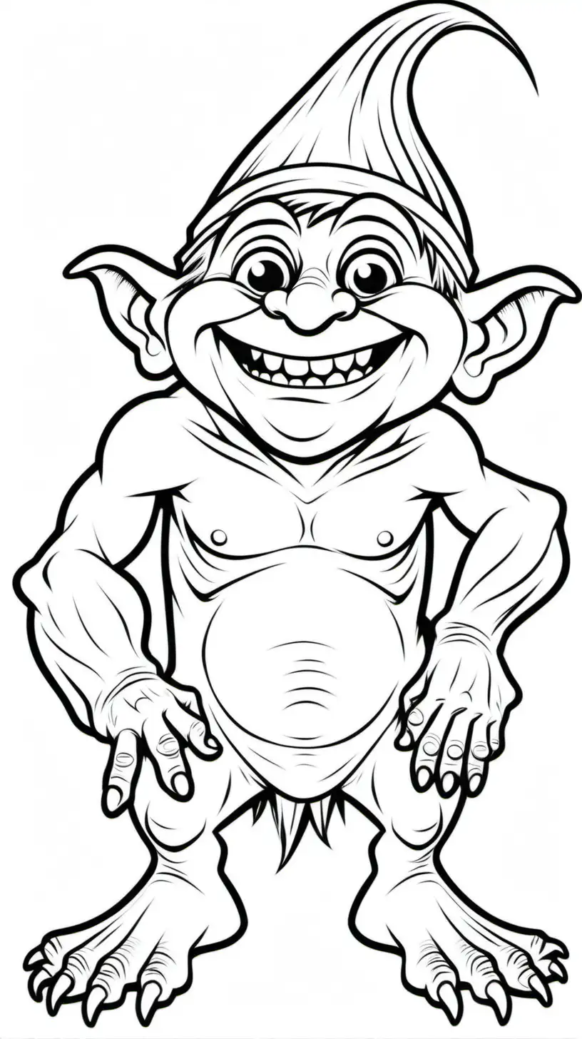 coloring page for kids, a silly troll creature, cartoon style, thick lines, low detail, no shading, aspect ratio 9:11