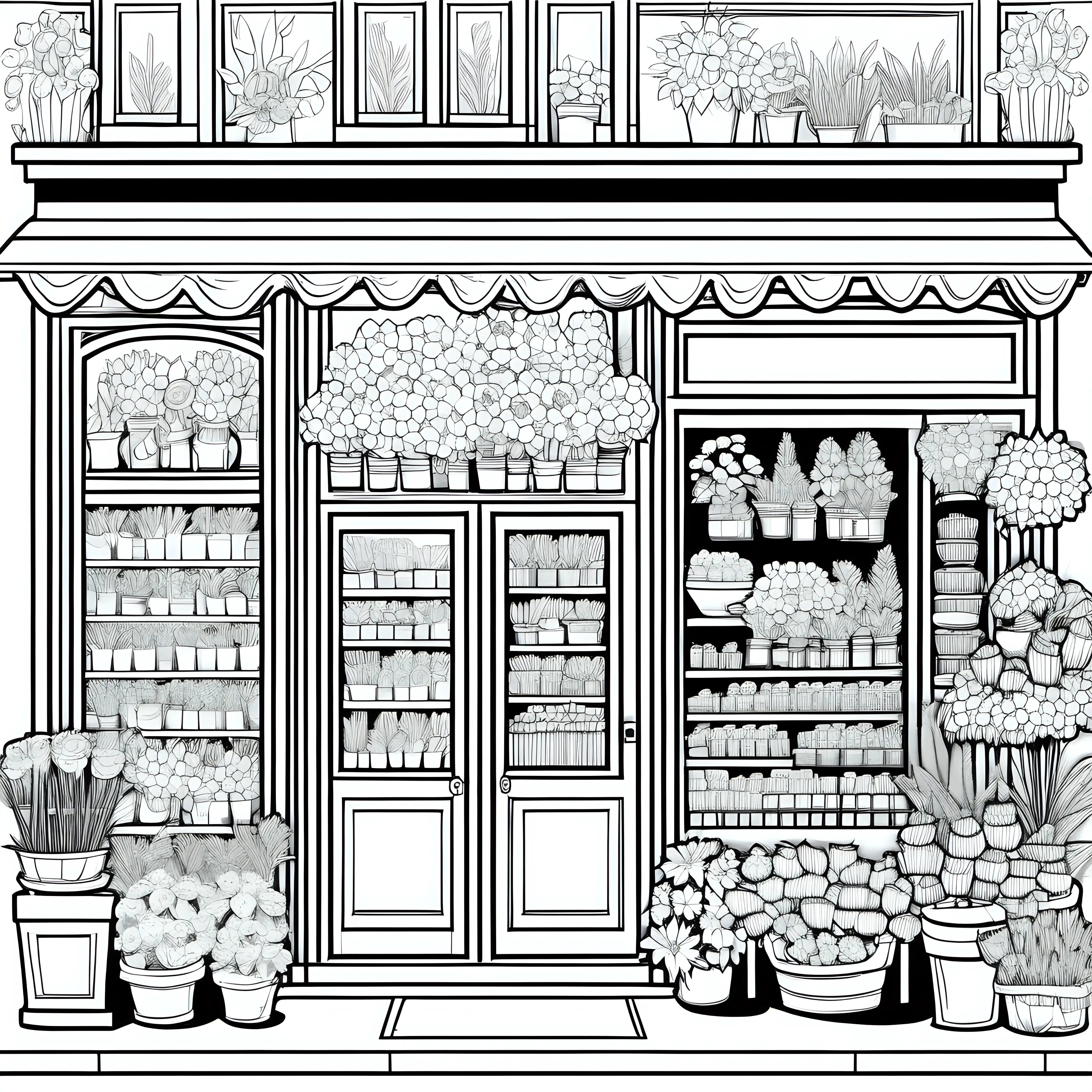 Design a coloring book black and white, high contrast 2-d of a store front of a flower shop in A. Durer style 