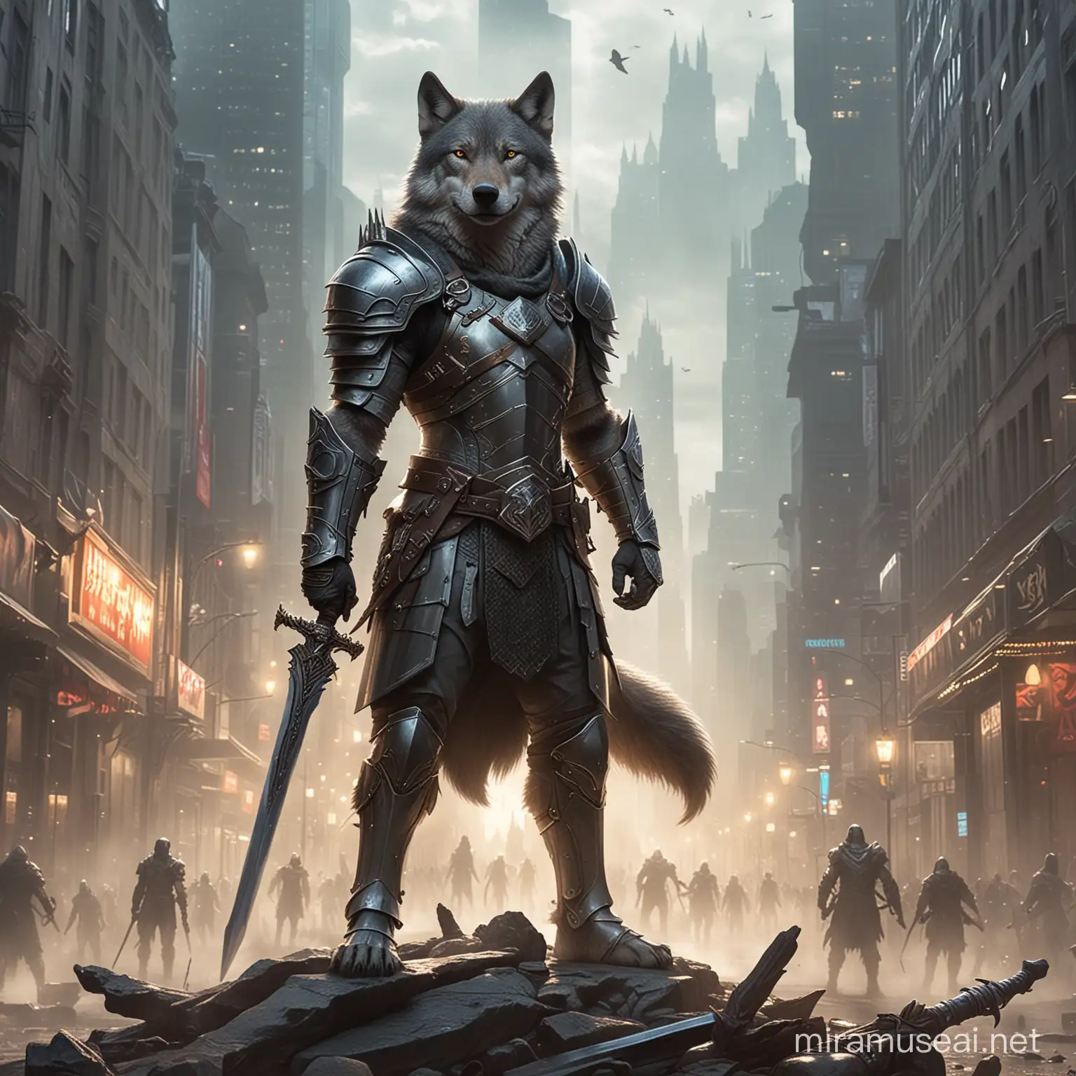 волк на задних лапах, в доспехах, с магическим мечём, 21 век, стоит посреди мегаполиса