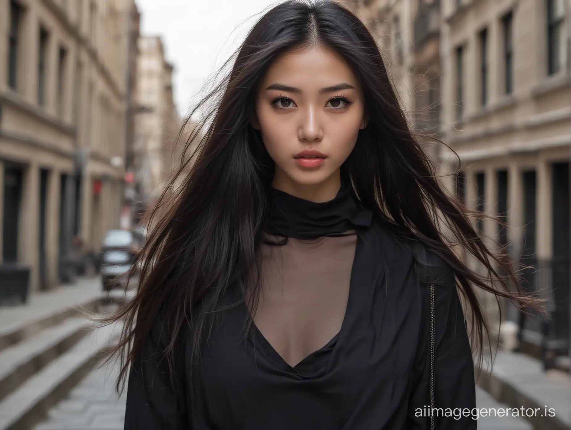 Beautiful-Oriental-Fashion-Model-with-Dark-Nighttime-Portrait-in-Black-Clothes