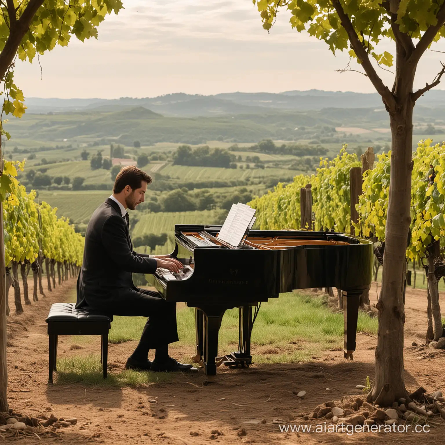пианист играет на винограднике