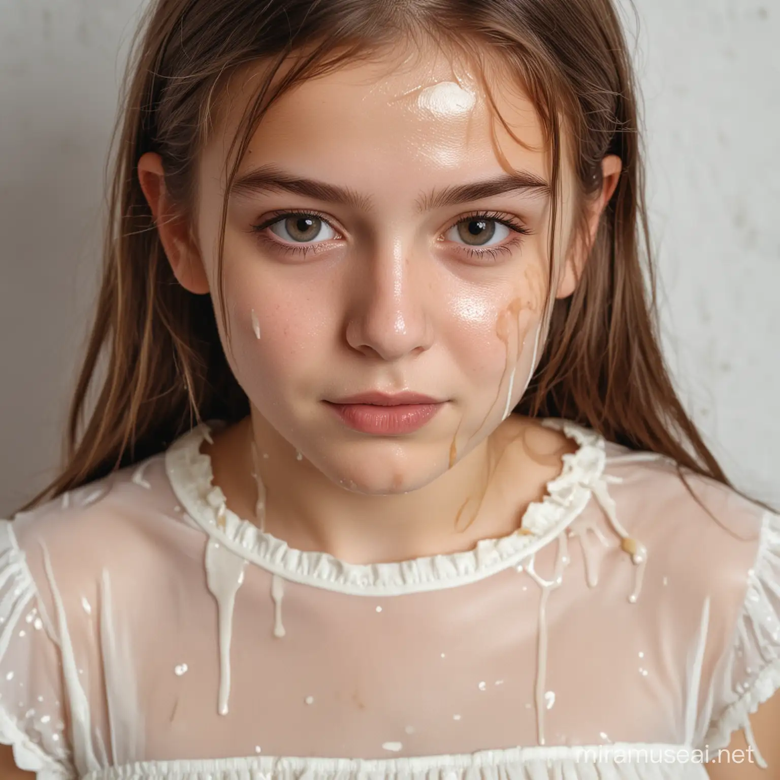 Closeup of a girl wearing dress, her face stained with sticky milk