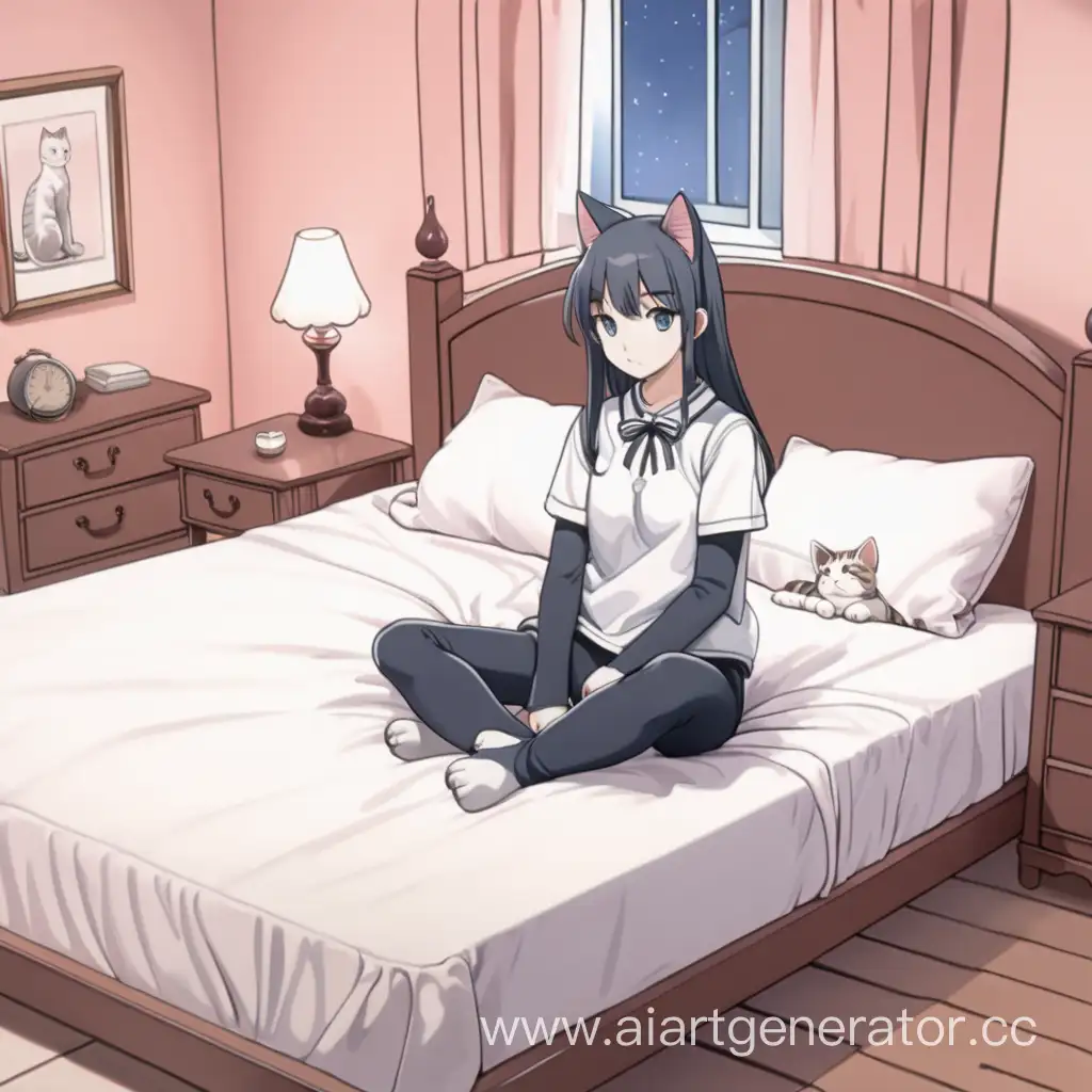 нарисуй в далеке кошко-девочку сидящую на кровати в стиле аниме