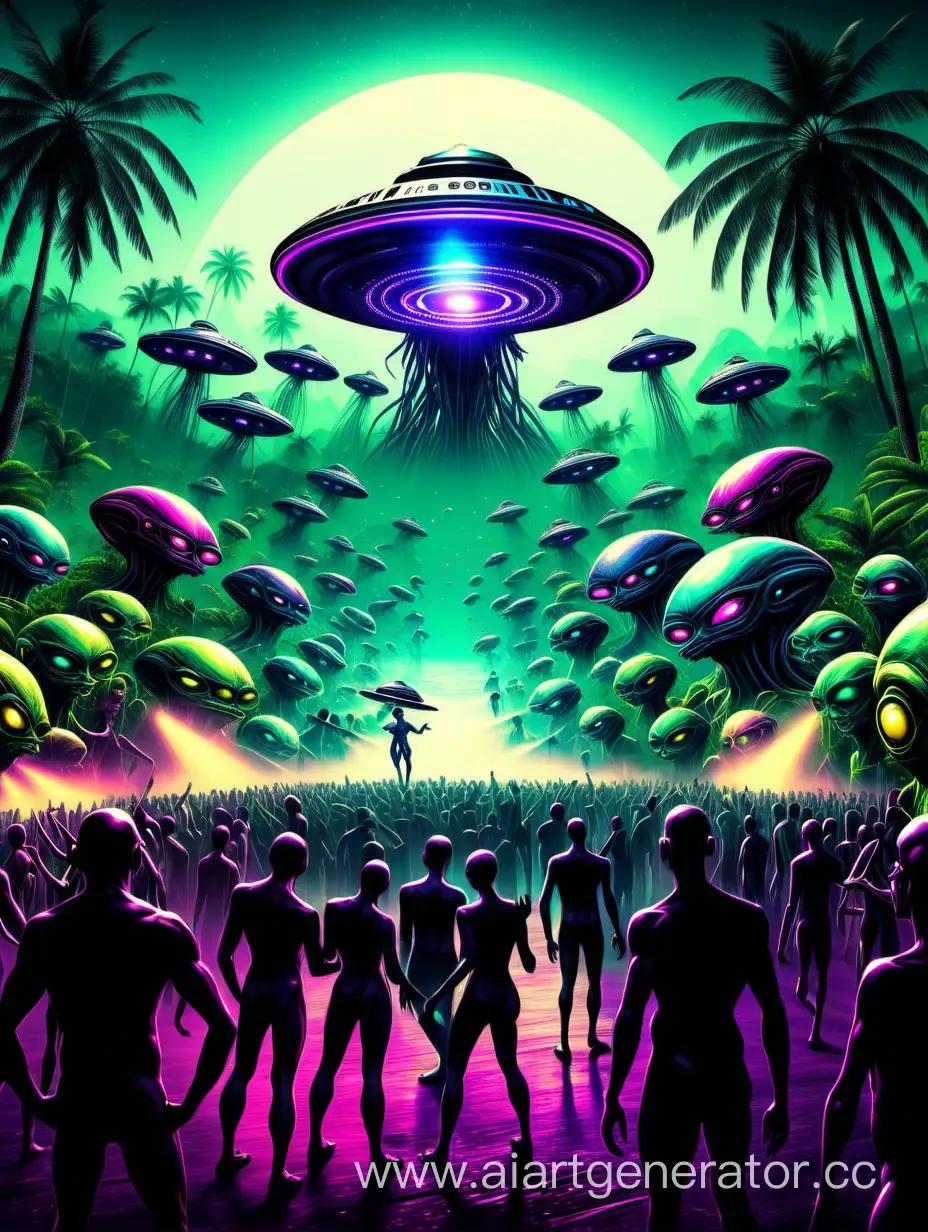background for flyer, rave, sea, digital ai art, realistic , fx, effects, beach open air, party humans with aliens dance together on dance floor, jungle techno events, UFO 