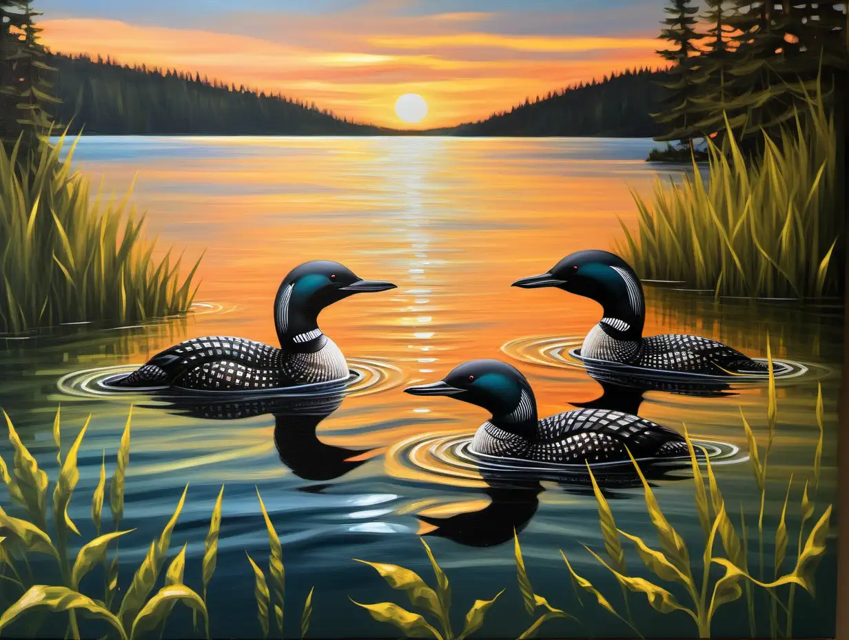 oil painting closeup of loons in a bay, weeds, forest, SUNSET
