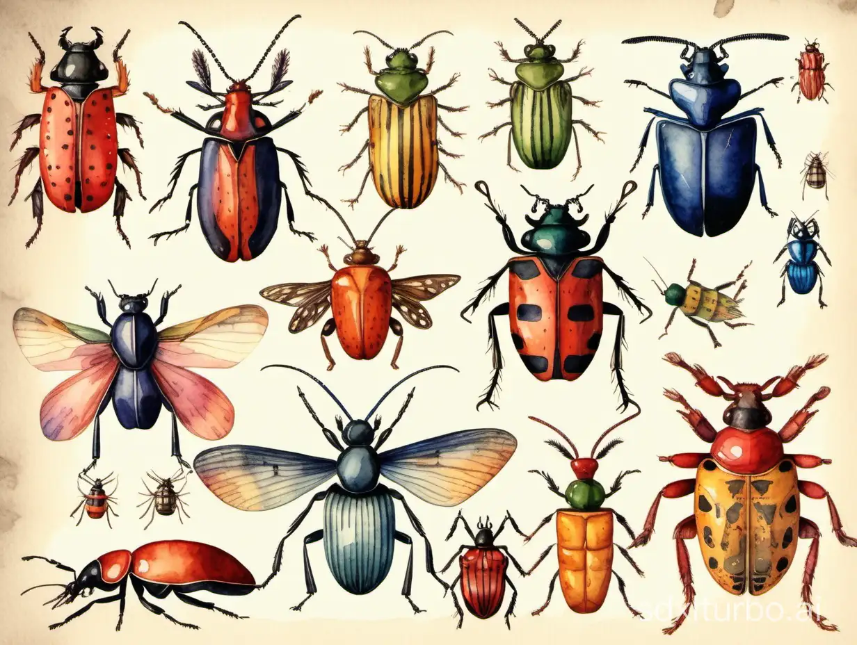 vintage bugs, watercolor