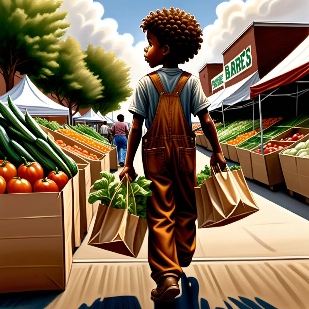 Ernie Barnes style cartoon african american 10 year old boy with curly hair and brown overalls leaving the farmer's market holding bags of vegetables back view