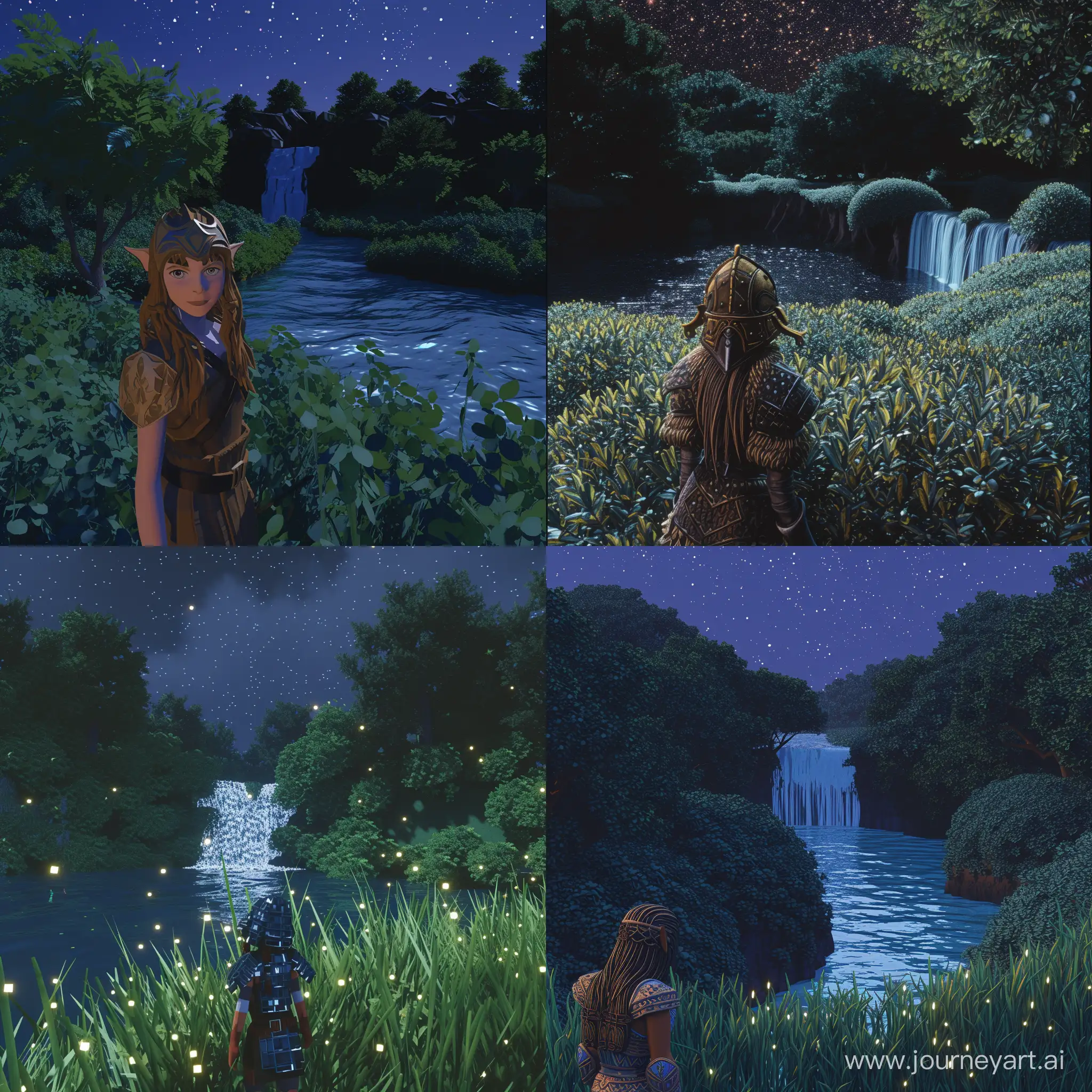 Mystical-Elf-in-LowPoly-Morrowindinspired-World-with-Shimmering-River-and-Starry-Night