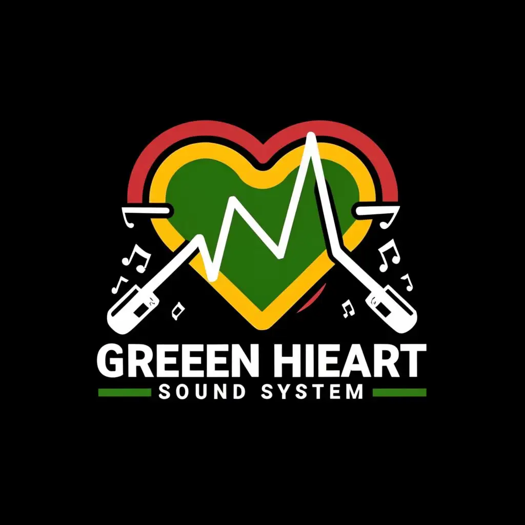 logo, reggae flag, rastafari colors, green heart, with the text "Green Heart Sound System", typography, be used in Entertainment industry