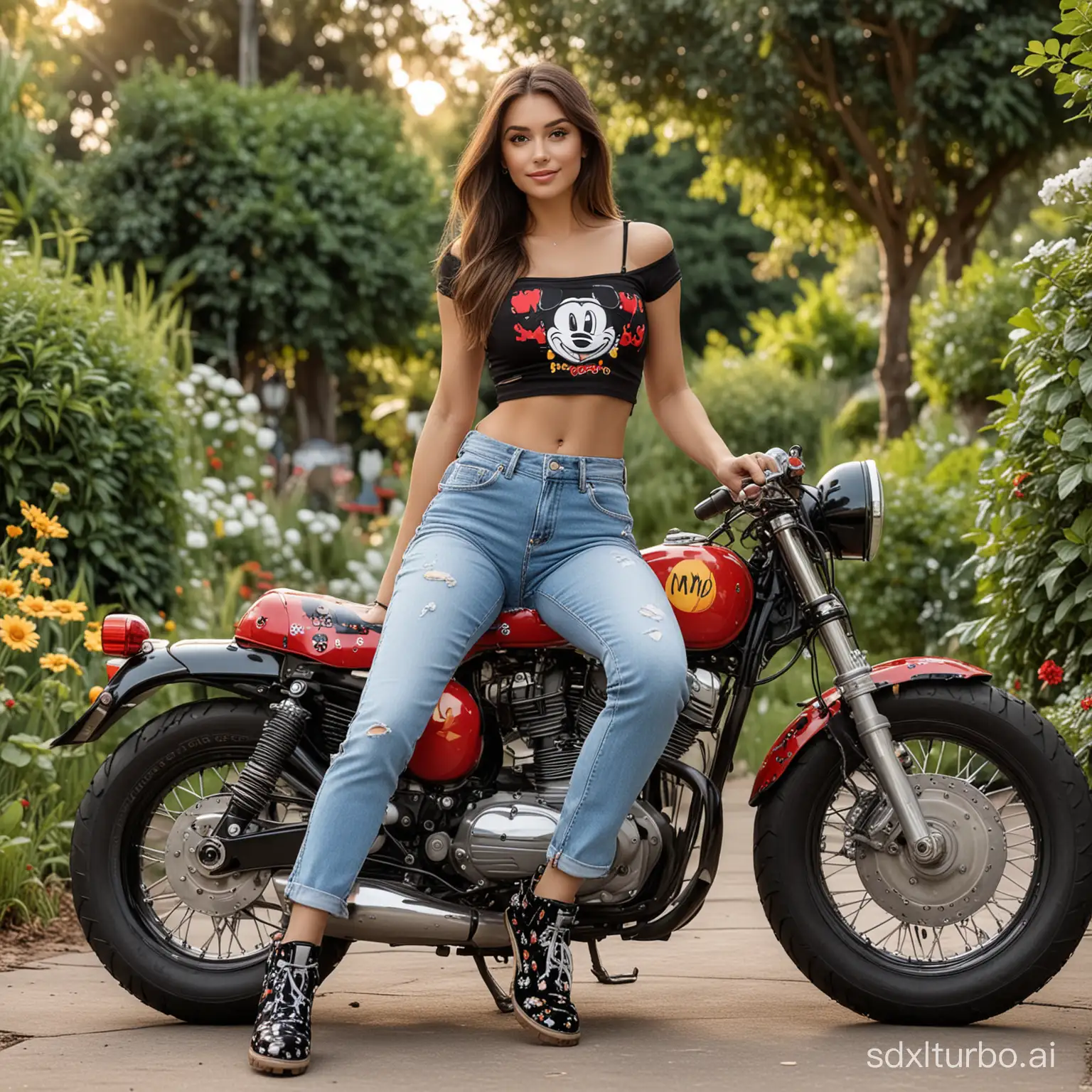 Realistic full body image of a beautiful woman with beautiful and captivating eyes, wearing mickey house croptop,jeans,glowing shoes,with a nameprint of MINE,sitting on a mickey mouse designs big motorcycle in a wide garden