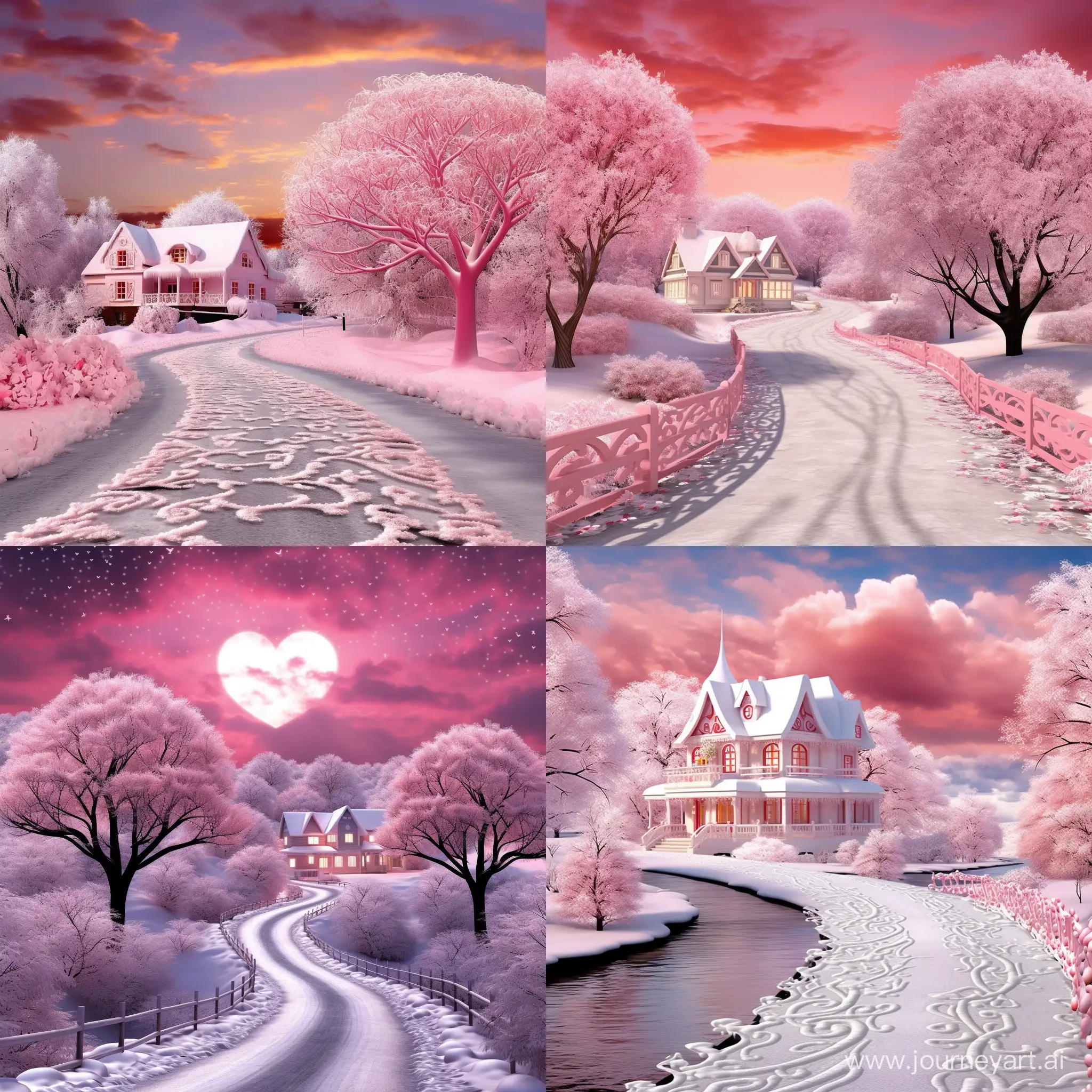Enchanting-Winter-Wonderland-Heartshaped-Tree-and-Pink-Snow-Scene