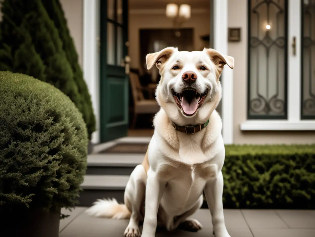 Create an photo of a happy dog playing in an upscale neighbourhood. The house where the dog lives looks high-end, and expensive, like a wealthy family is living there. The dog color is white. The dominant colors of the image shall be muted browns, beiges, and forest greens. The dog looks happy. The general mood of the picture shall be relaxation, calmness, and happiness.