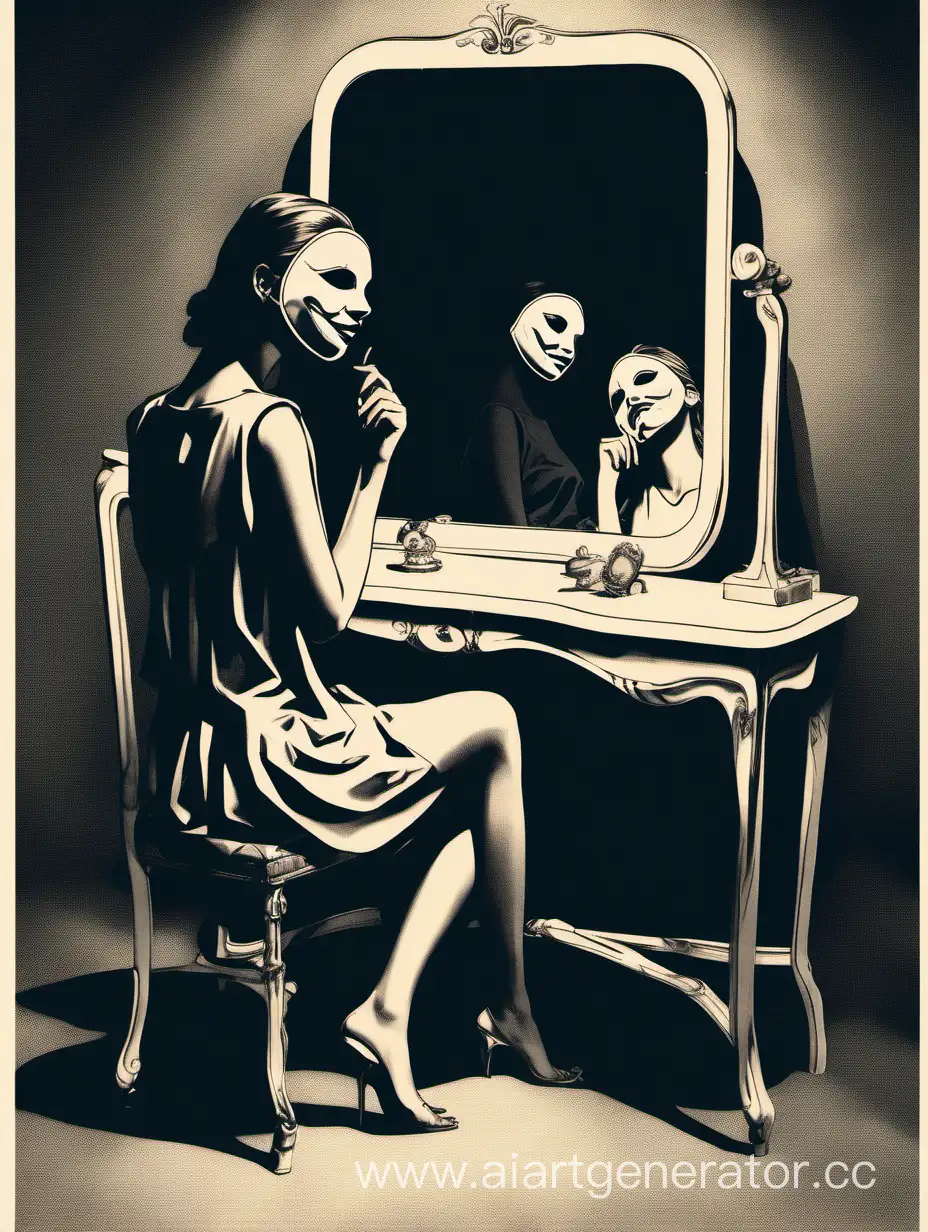 Mysterious-Girl-with-Emotion-Masks-at-Unreflective-Mirror