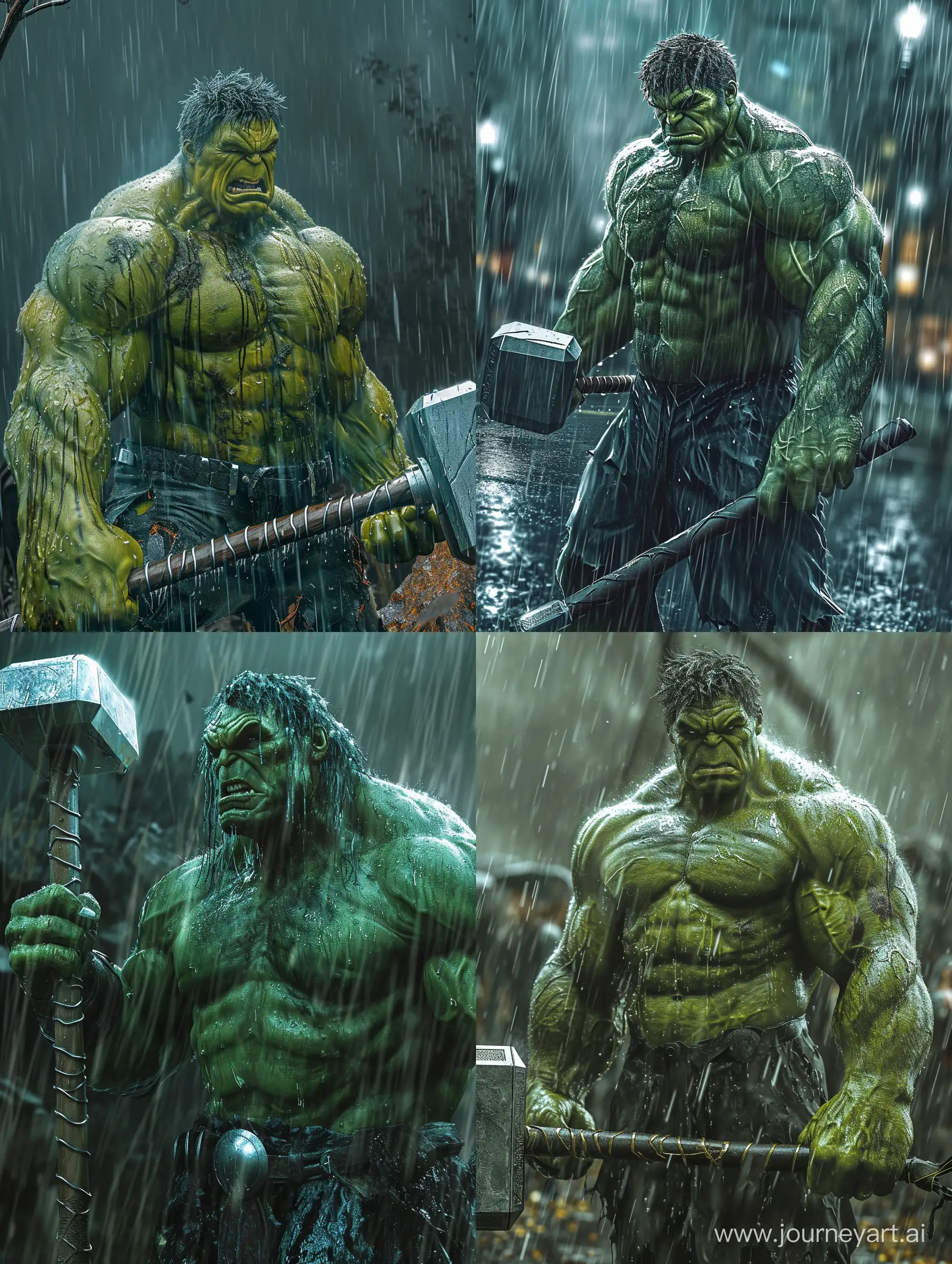 realistic hulk holding Thor hammer in heavy rain.8k