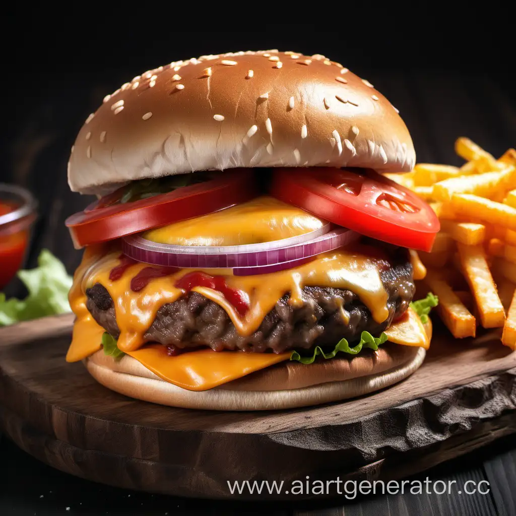 Delicious-Gourmet-Burger-with-Beef-Patty-Melted-Cheese-Fresh-Onion-Ripe-Tomato-and-Savory-Sauce-on-a-Rustic-Wooden-Board