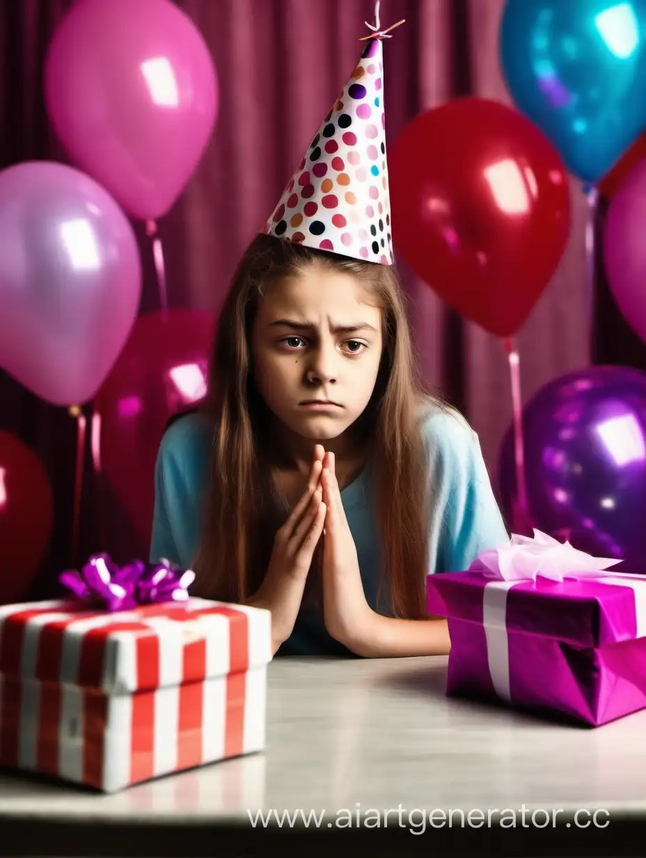 девочка 12 лет на вечеринке в честь своего дня рождения получает подарки от друзей и злиться, потому что ей не нравятся подарки, фото издалека
