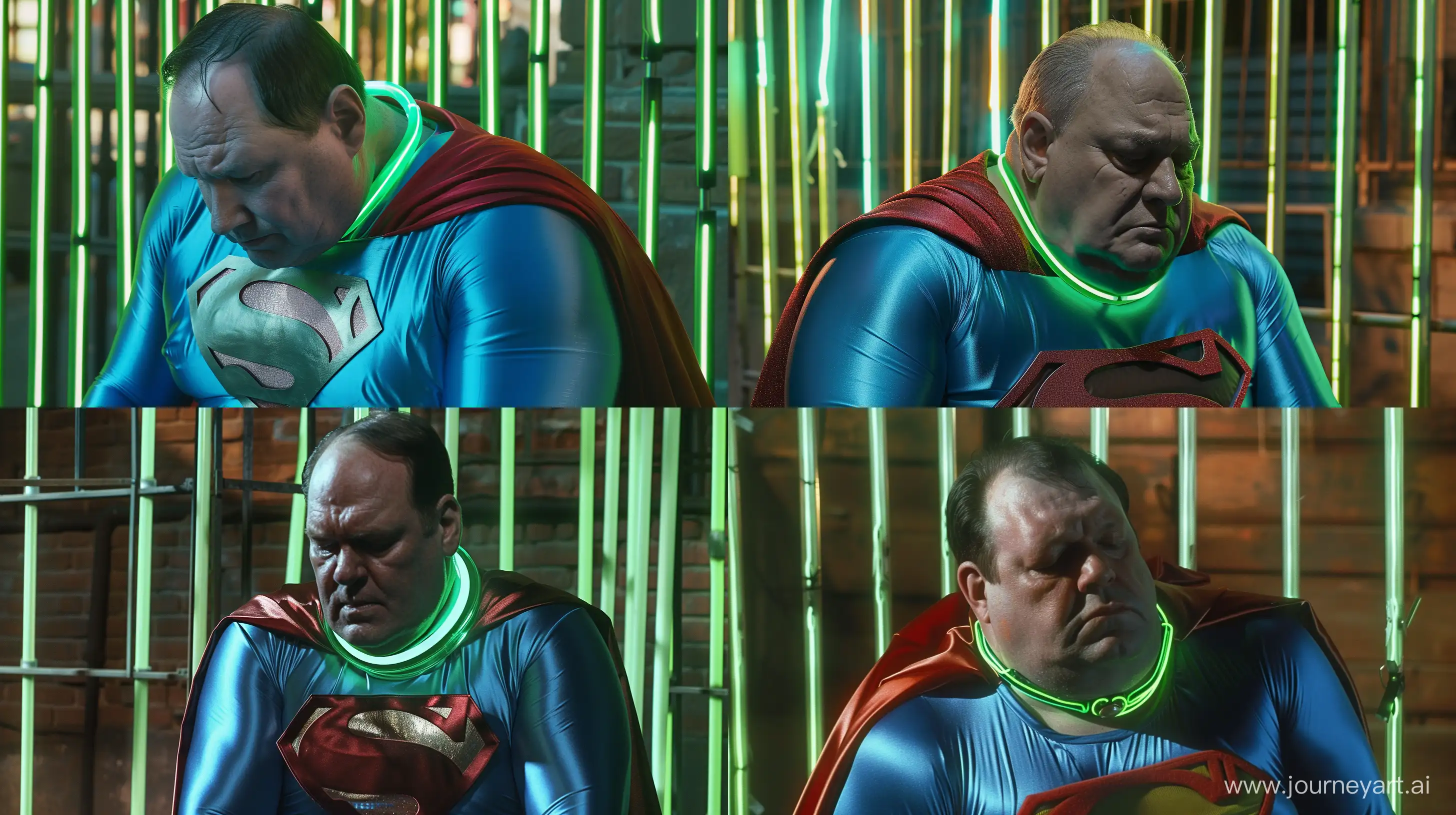 Close-up photo of a slightly fat man aged 60 wearing a silk blue superman tight costume with a large red cape and a tight green glowing neon dog collar looking down. Sitting against green glowing green neon bars. Outside. --style raw --ar 16:9