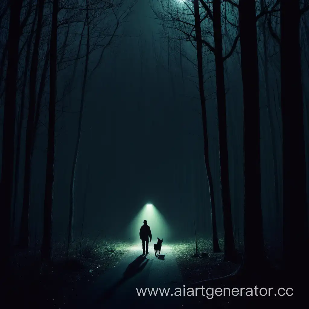 Парень с собакой гуляет у тёмного леса. Парень освещён единственным тусклым фонарным столбом