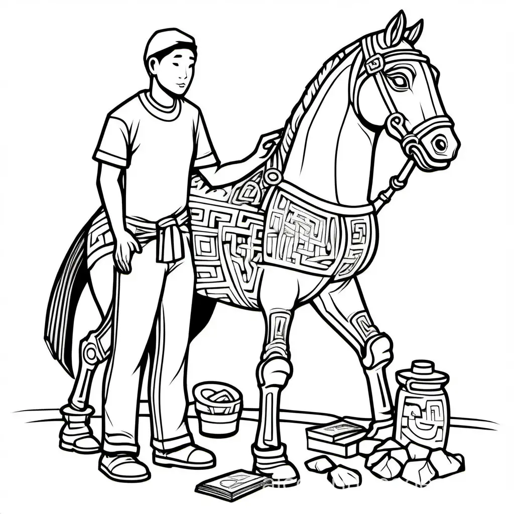 adult Chinese archeologist wearing a t-shirt and jeans looking at a terracotta horse and artifact, Coloring Page, black and white, line art, white background, Simplicity, Ample White Space. The background of the coloring page is plain white to make it easy for young children to color within the lines. The outlines of all the subjects are easy to distinguish, making it simple for kids to color without too much difficulty