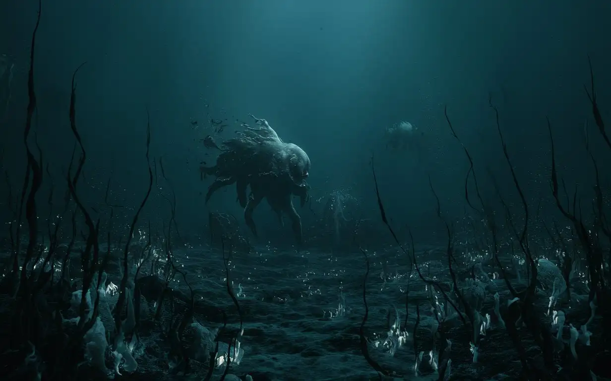 Vast, dark, mysterious underwater scene with weird creatures in the distance, strange shadows, weird plants. Very deep, no light, no surface, no ocean floor.