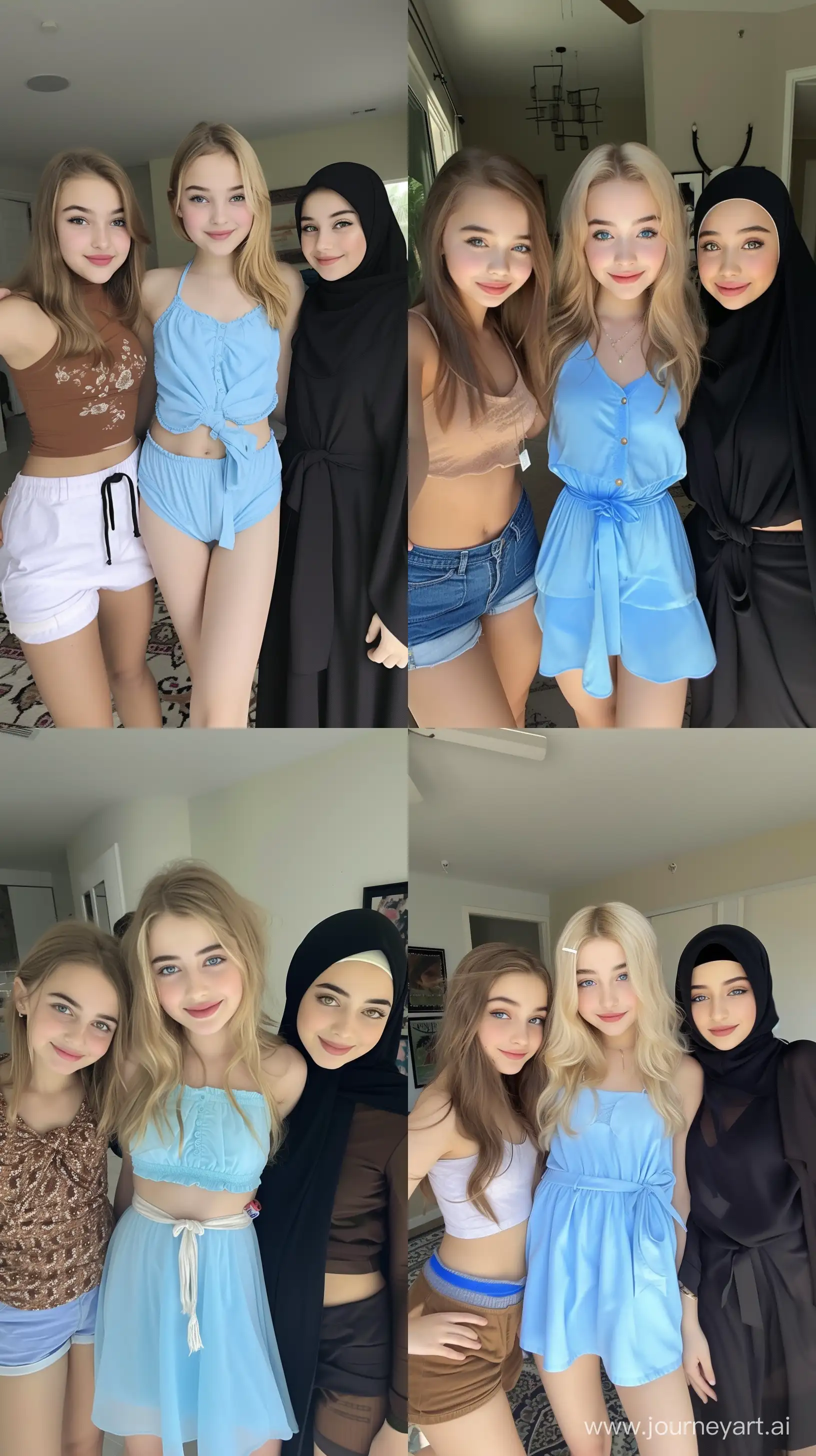 Selfie phone photo of three beautiful teenage girls, cute and cute girls of American origin, in the middle, a girl wearing a sky blue dress, her hair is golden, her eyes are blue, and she is bright white, and on the left there is a beautiful brunette girl of American origin, wearing shorts and She wears a shirt tied in the belly of brown and white color, and on the right there is a beautiful girl with golden eyes and wearing a hijab and a black abaya because she's a Muslim and of Arab origins --ar 9:16 --style raw --v 6 
