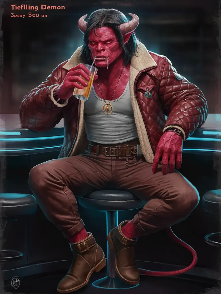 bulky muscular 30s-40s male scarlet-skinned devilfolk demon tiefling, medium-length black hair, thick facial hair, prominent lower fangs, crimson brown quilted leather jacket with fleece inside, white tanktop, brown slacks, brown ankle boots, multiple belts, gold pendant, sipping drink alone, tense defensive unconventional sitting position, cyberpunk urban fantasy bar, videogame character painting splash