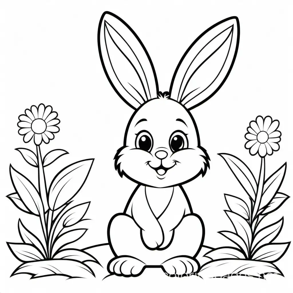 Easter bunny for kids, Coloring Page, black and white, line art, white background, Simplicity, Ample White Space. The background of the coloring page is plain white to make it easy for young children to color within the lines. The outlines of all the subjects are easy to distinguish, making it simple for kids to color without too much difficulty