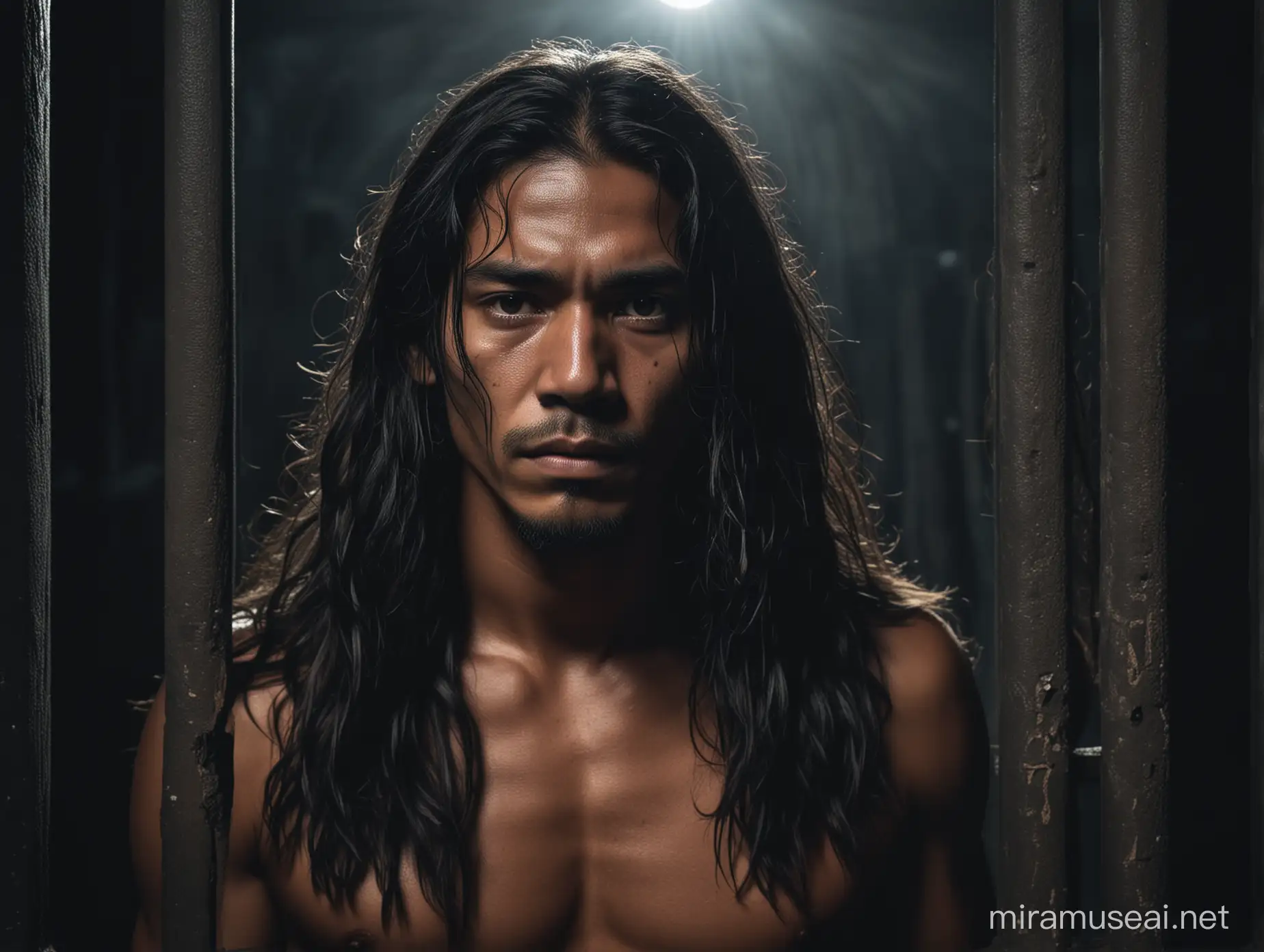 un hombre maya con cabello largo preso en una carcel oscura por la noche