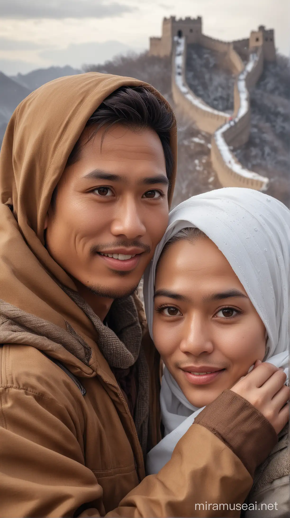 Indonesian Couple Embracing on the Great Wall of China