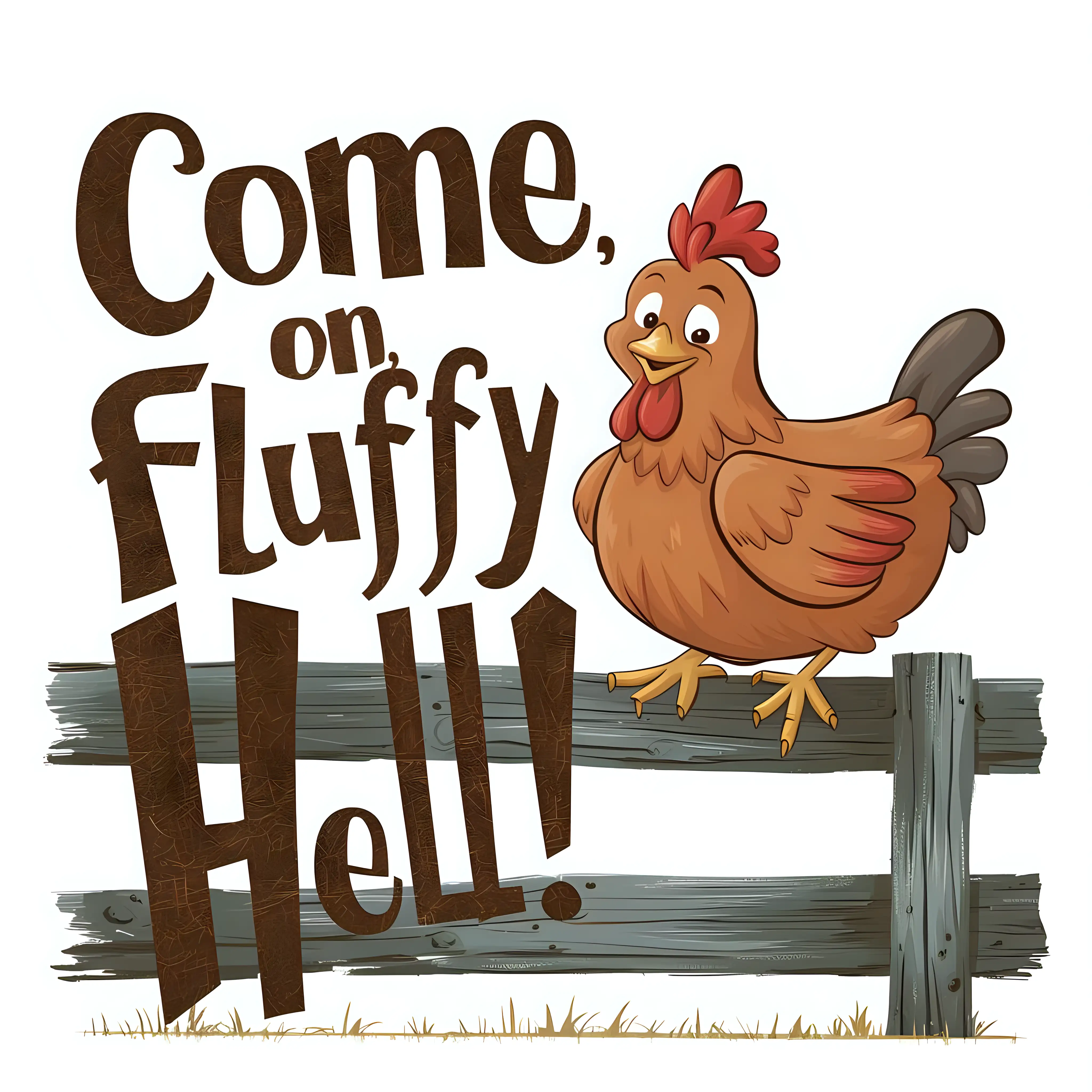 vector art, " come on fluffy hell " typography, Rustic style font, happy 
brown chicken