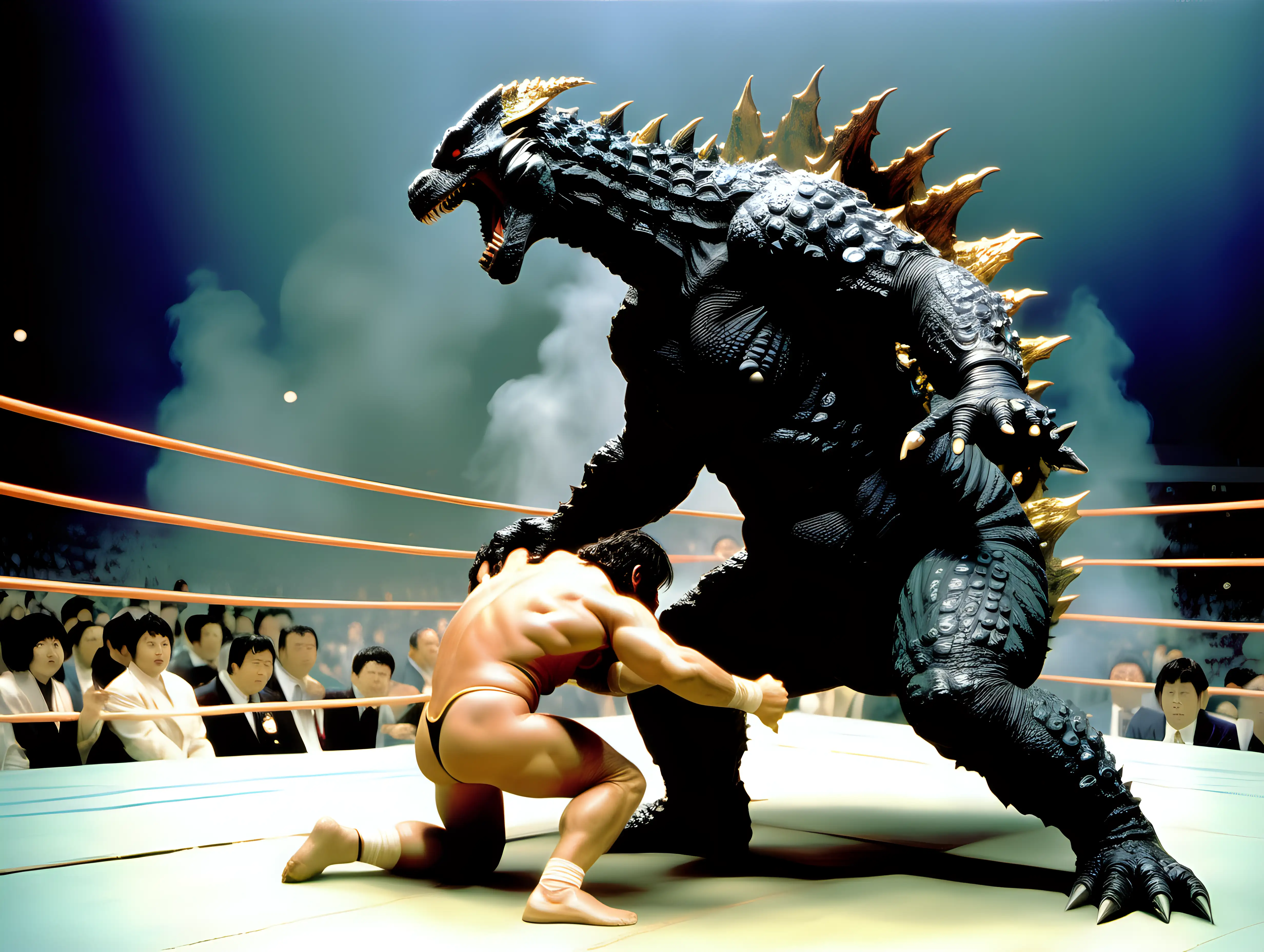 Godzilla slamming a wrestler on to the mat in the Tokyo Dome Frank Frazetta style