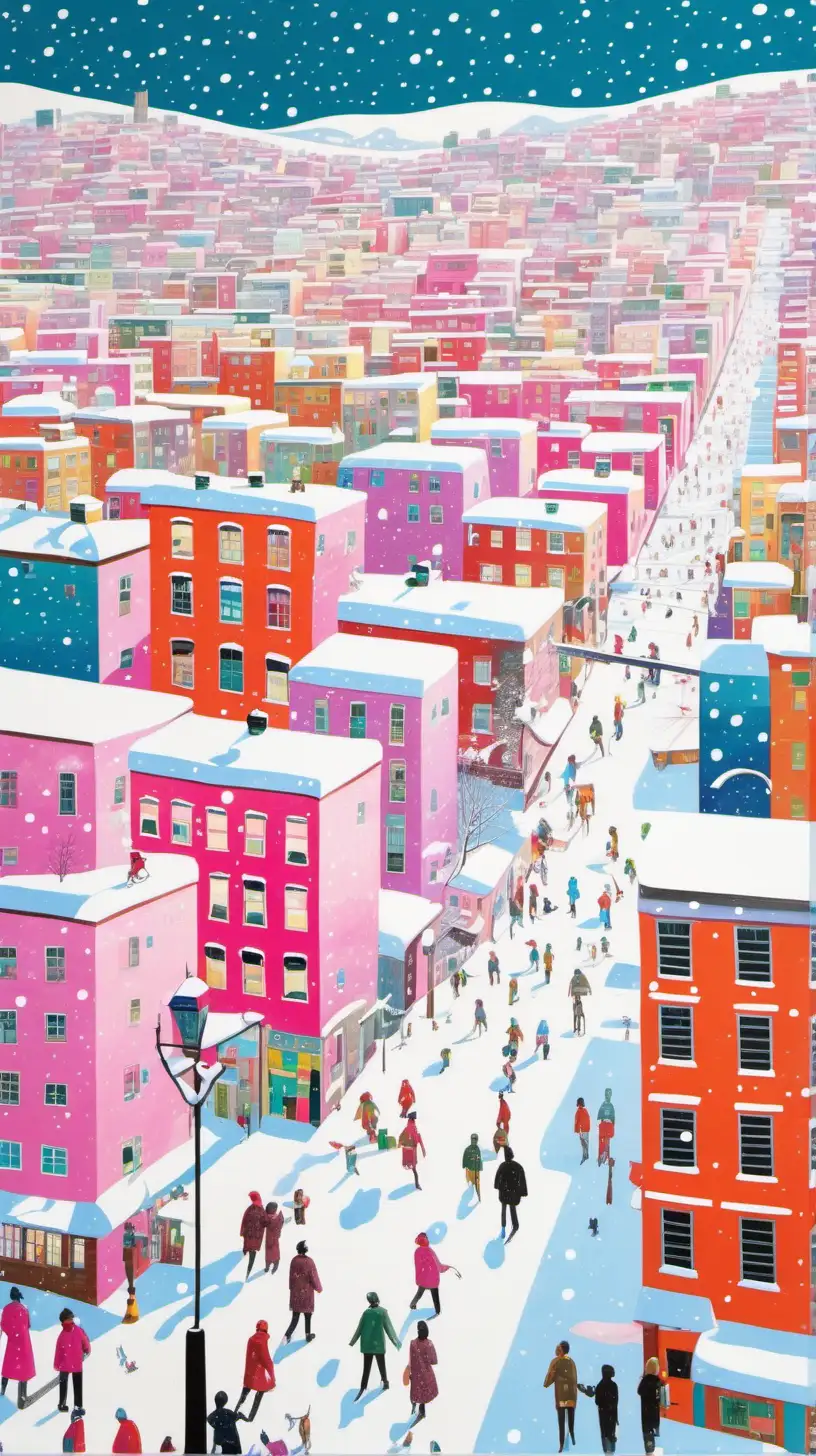 a painting shows a snowy city, in the style of naomi okubo, white and pink, esteban vicente, vibrant, lively, mid-century illustration, passage, ibere camargo