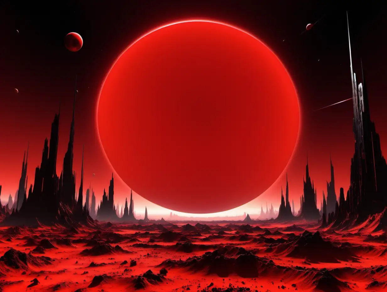 Soleil noir sur une planète, futuriste, ciel rouge

