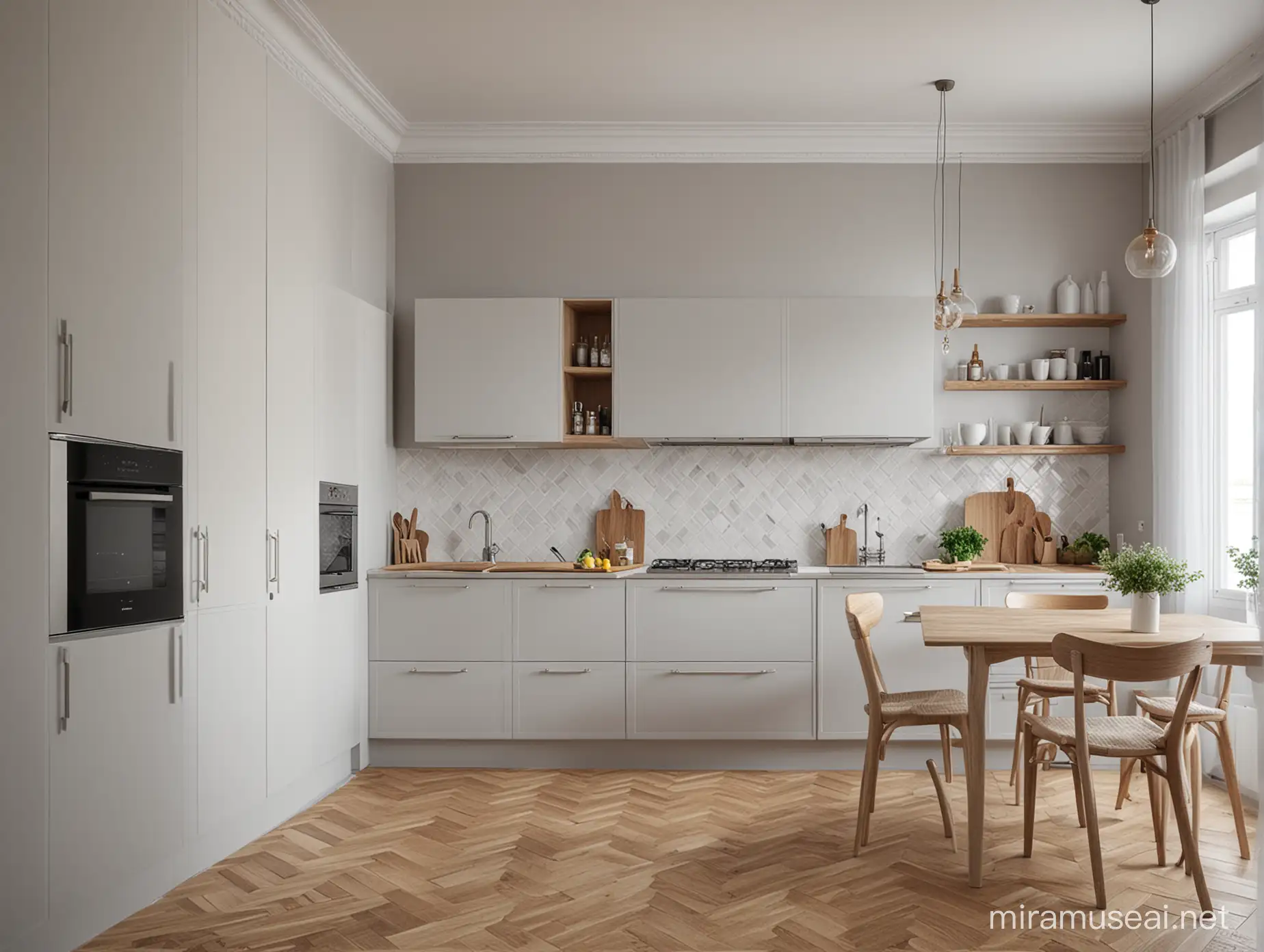 a small modern kitchen, white and gray tones, French traditional interior set, There is parquet on the walls , 8k  bright, photorealistic, sunny, strong light , decorative objects on wall, realistic light, wide angle, photography, A+D architecture