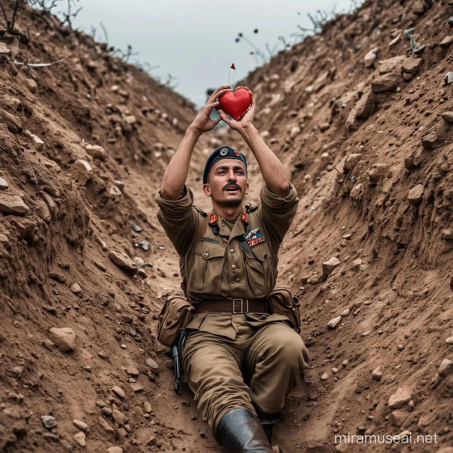 Mevzilerde uzanmış bir türk askeri, sol elinde kalp var ve sol elini havaya kaldırmış kalbi ileri fırlatıyor,