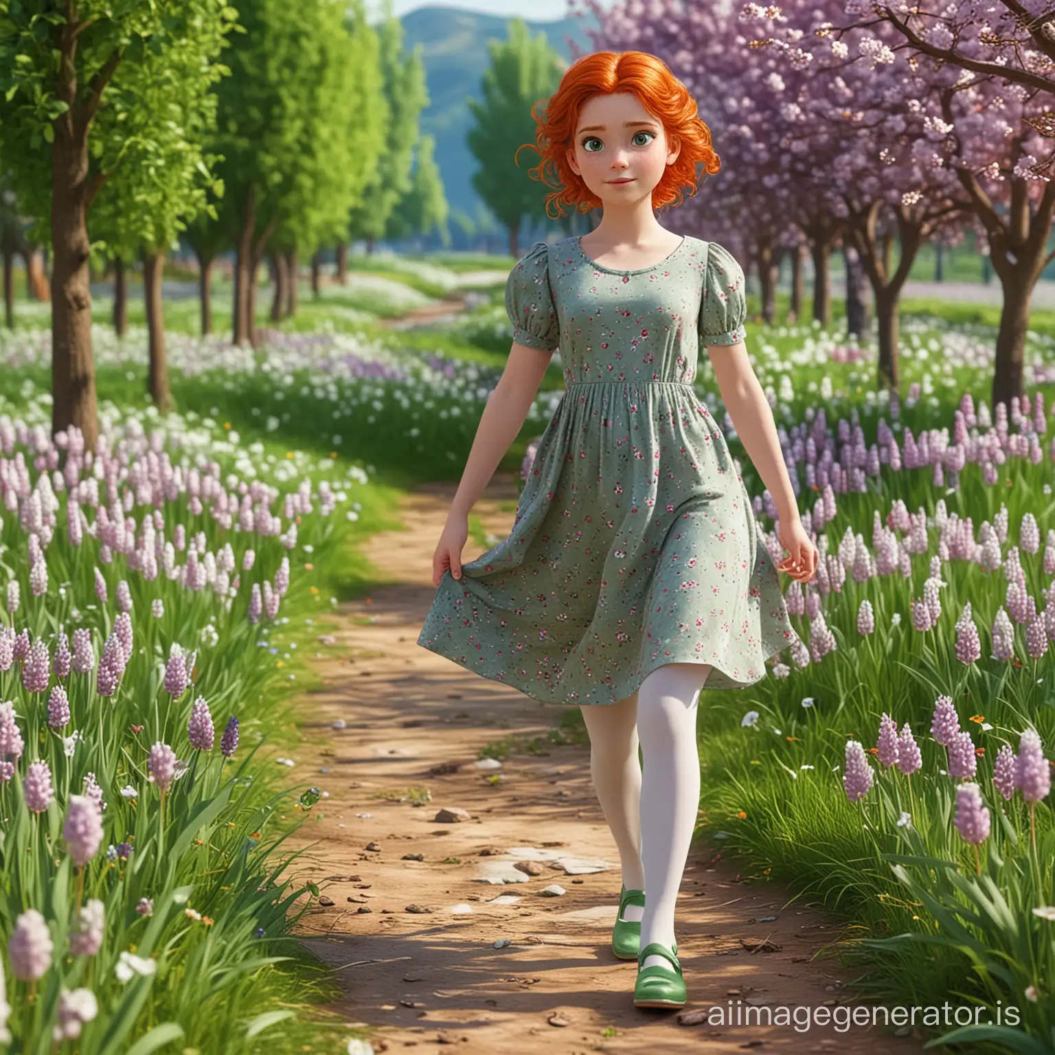 3d графіка: весняний пейзаж та дівчинка, яка має зелені очі, руде волосся одягнена в довгу зелену сукню з короткими рукавами, білі колготки, фіолетові туфелькі