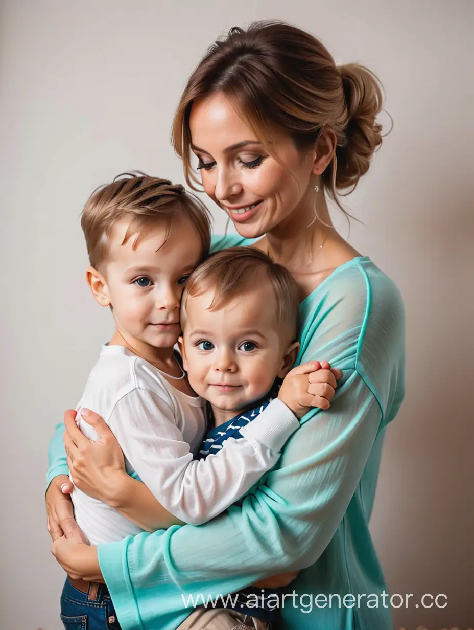 мама обнимает двух маленький сыновей