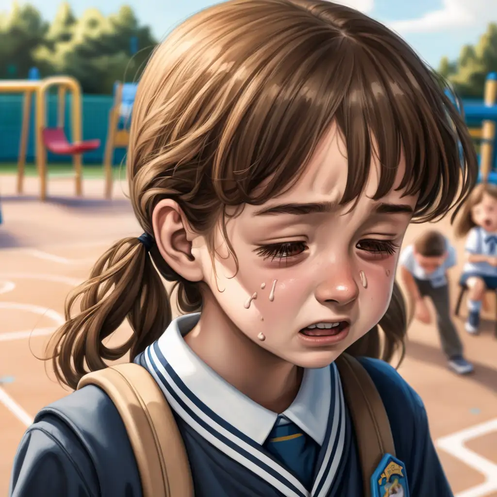 young girl with brown hair crying, she is wearing a school uniform, in the background is a school playground