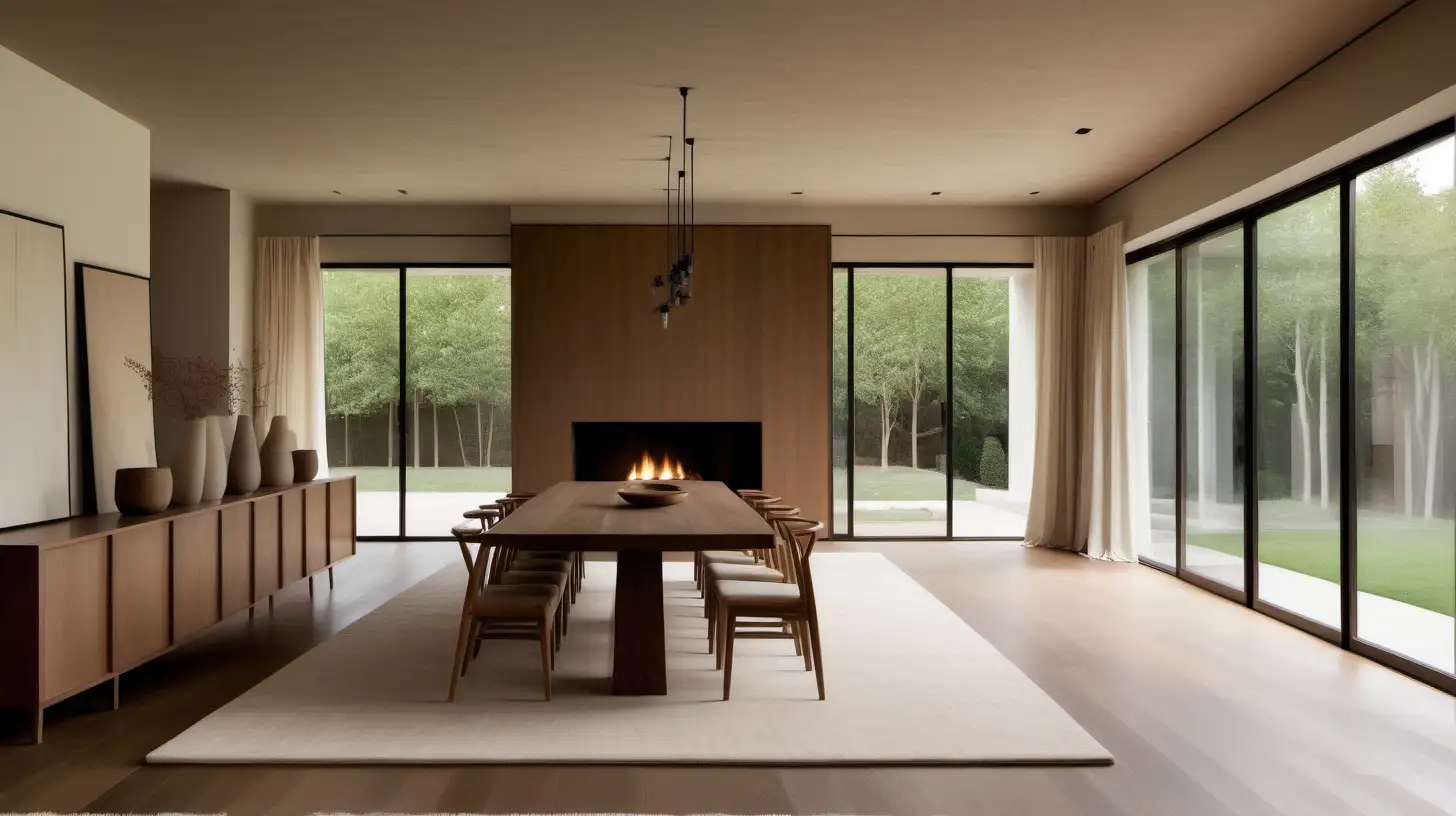 an organic minimalist modern japandi style estate home long dining room with a fireplace and built in cabinets and shelves; beige wool runner rug; walnut wood, oak flooring, Bauwerk ivory limewashed walls, a large window with linen curtains