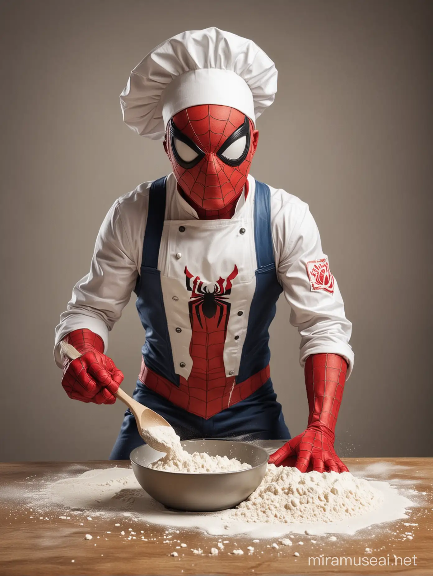 Create a caricature picture of the superhero from Marvel "Spiderman" is seen baking sifting flour worn chef's hat, by maintaining the character of Spiderman, costume and using mask look a like as the original, in a caricature style 