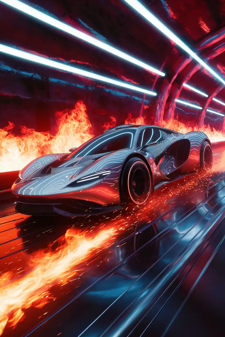 The sports car of the future, which is speeding through a tunnel full of neon lights. The tunnel is full of flames. The design of the vehicle is very streamlined, with a sci-fi style. The body reflects the colors of the surrounding environment. The tires rub against the ground and sparks. The overall fire is everywhere. The background lights show red, blue and other colors. The atmosphere is fantastic and dynamic.