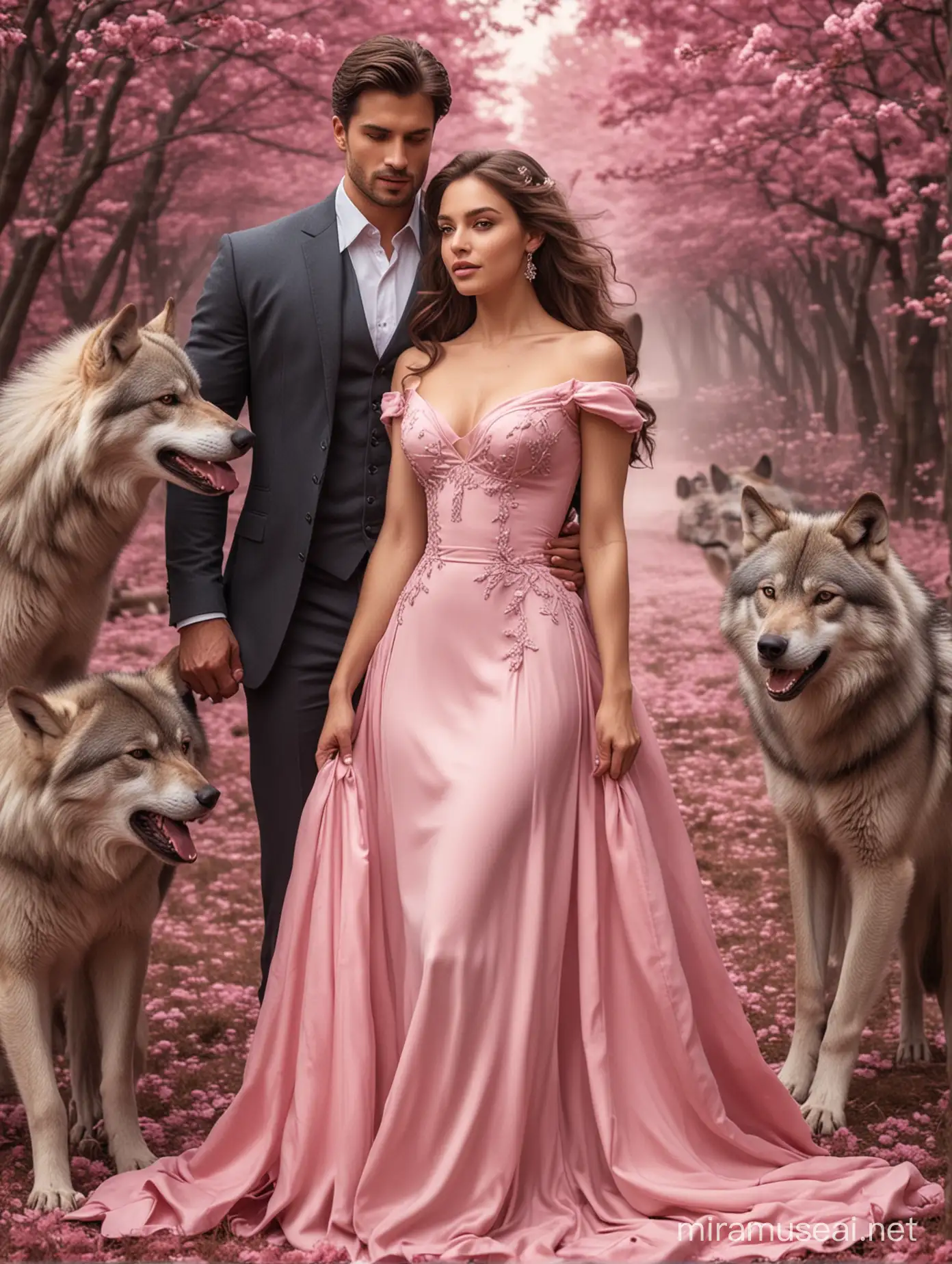 A beautiful lady in a fitted pink dress, held romantically from the waist by a handsome hot man, with wolves around them