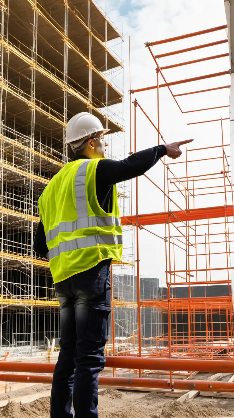A safety officer wearing a safety vest is pointing at some scaffolding on a construction site