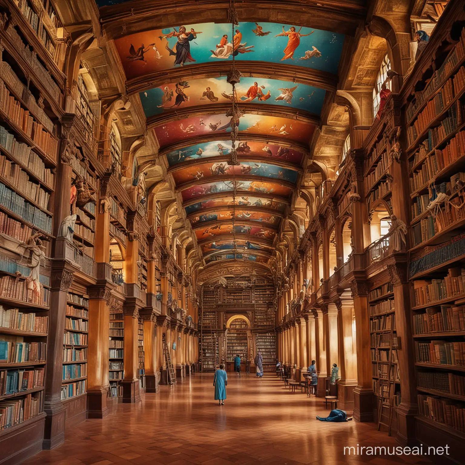 Vibrant Historical Library Interior with Illustrative Photographs