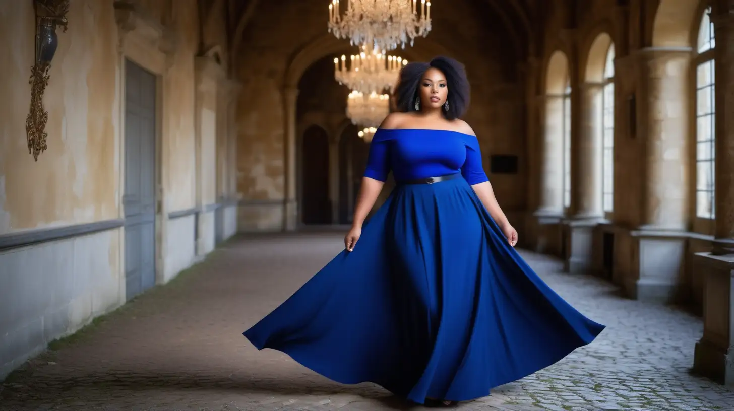 beautiful, sensual, classy elegant black plus size model wearing a straight neck off shoulder black dress with a very flared ankle length skirt, skirt is made from the same deep royal blue fabric as top, dress is made from ITY fabric, fitted deep royal blue bodice, 3/4 length sleeves, empire defined waistline with a waistband tonal to the dress, long  hair is flowing, luxury photoshoot inside a magical winter castle in France, winter decorations inside the rooms in the castle, antique background