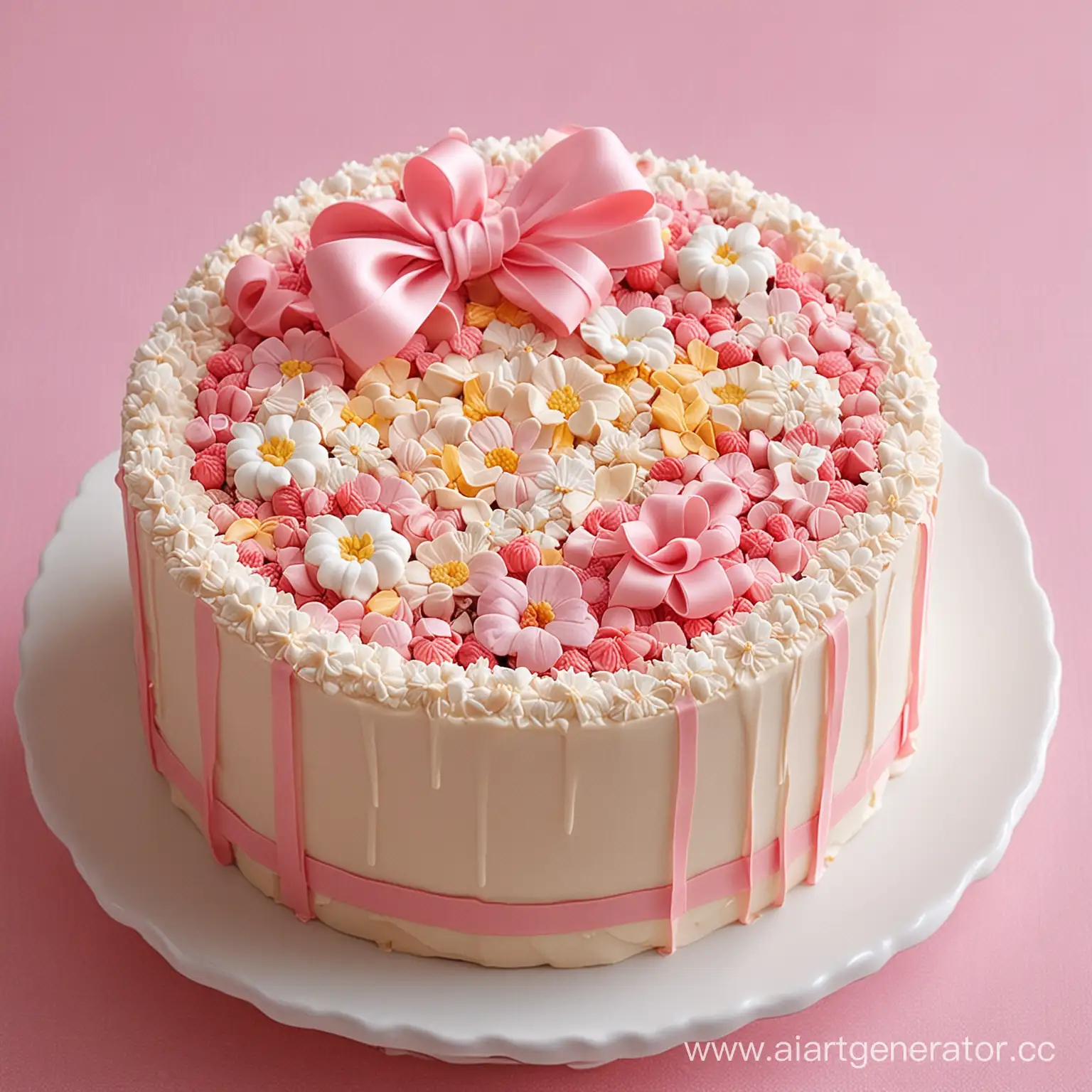красивый бенто-торт, белого цвета, украшенный нежно-розовыми бантиками