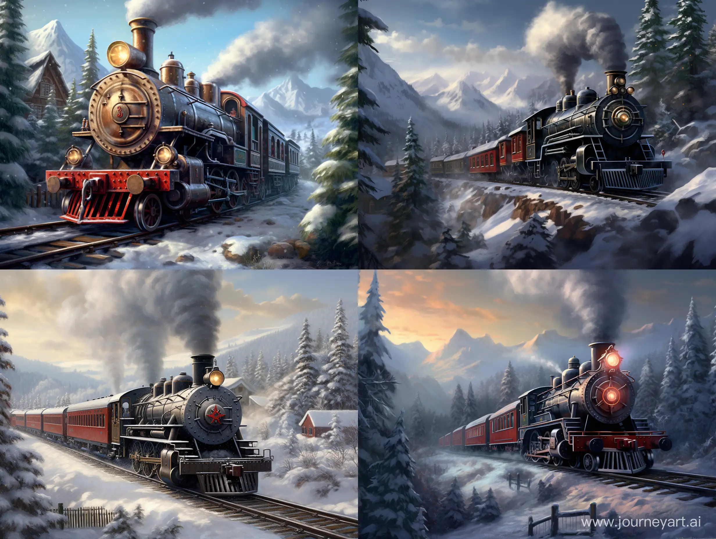 Steam locomotive snow, forest, village